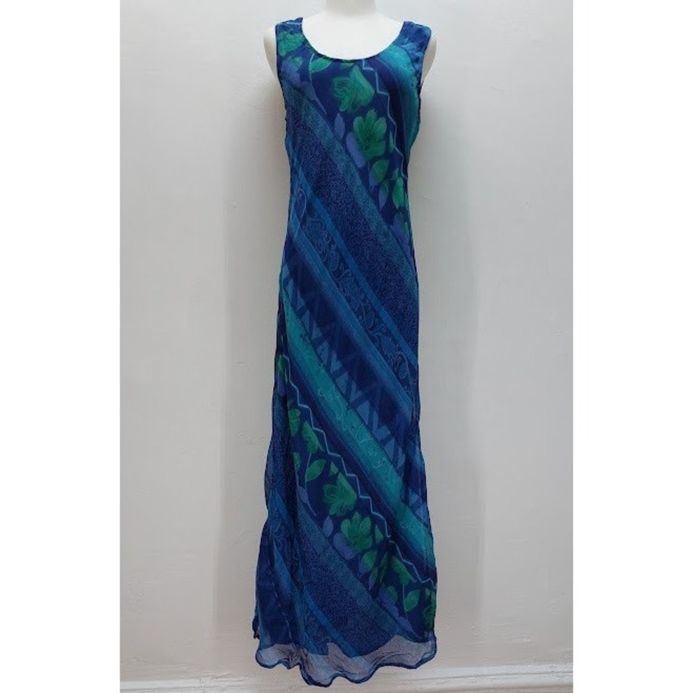 Phool Maxi Dress Women's Medium Blue Green Floral Crochet Back Sleeveless Rayon